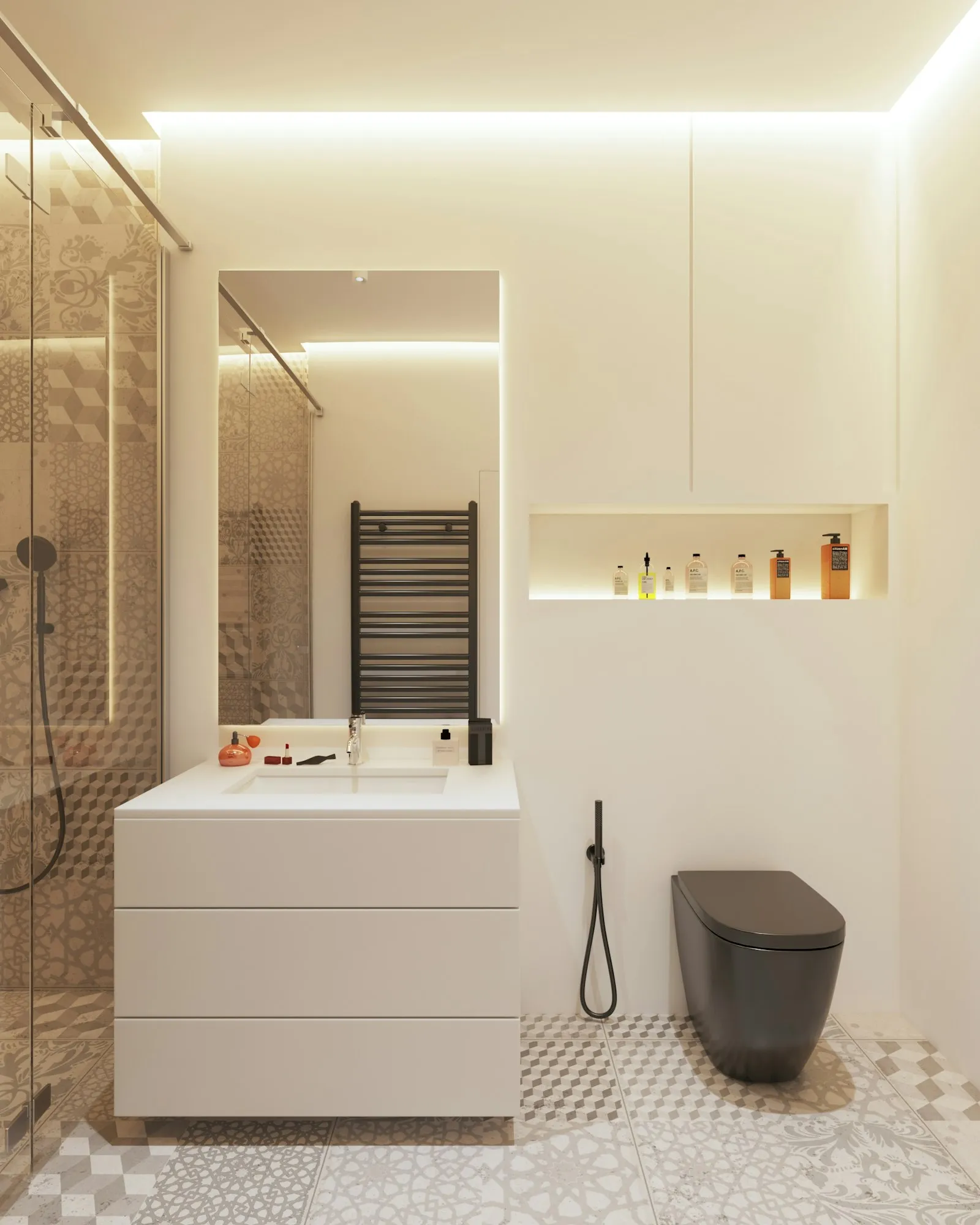 Un bagno finito con il mobile sospeso